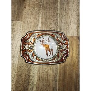Western Elk Belt Buckle – Copper & Silver Tone – Floral Scroll – Made in USA